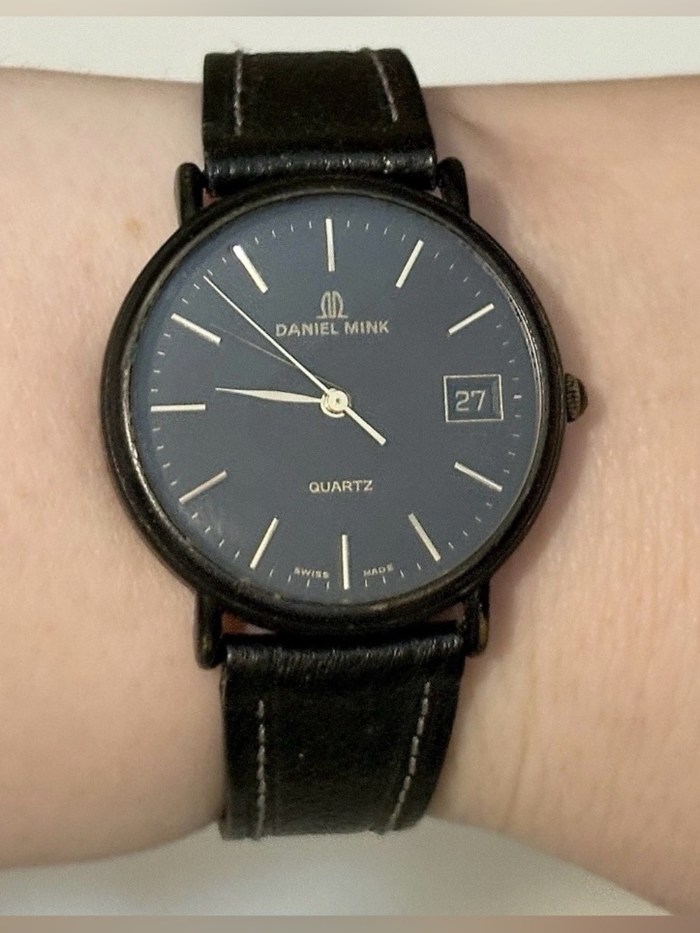 Rare Daniel Mink Swiss Made Day/Date Black Pigskin Leather Luxury Designer Watch